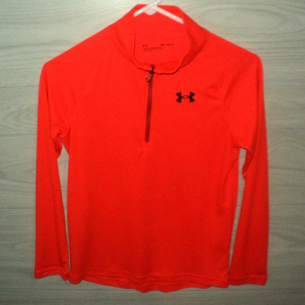 Under Armour Tee Boy's Youth Sz M Orange Top Long Sleeves Partial Zip Mock Neck